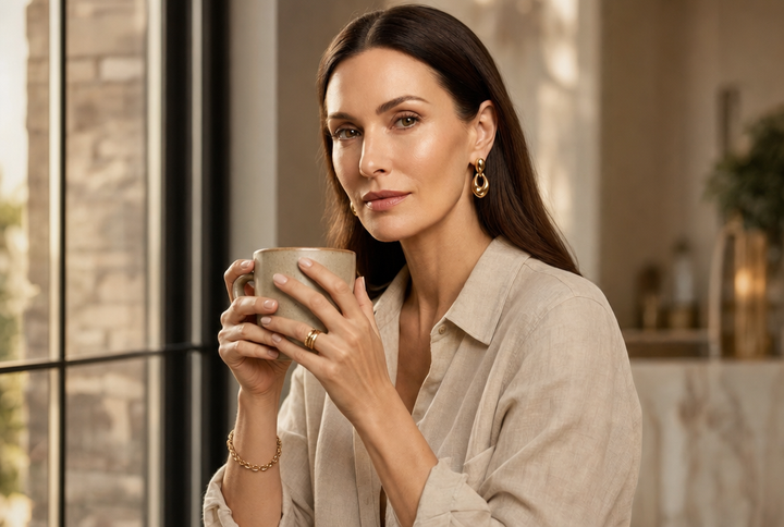 Woman in her 50s at a bright kitchen window, coffee in hand, skin fresh and rested in morning light