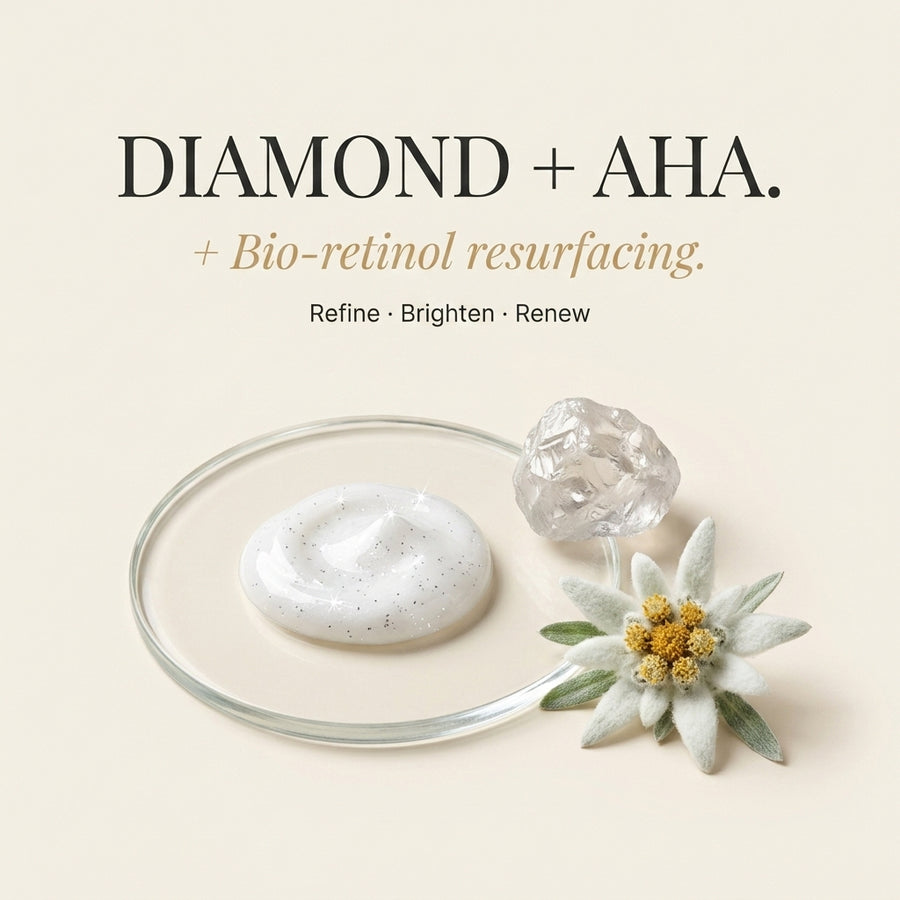 Cosmetic product with diamond and flower on a beige background, featuring text about diamond and AHA bio-retinol resurfacing.