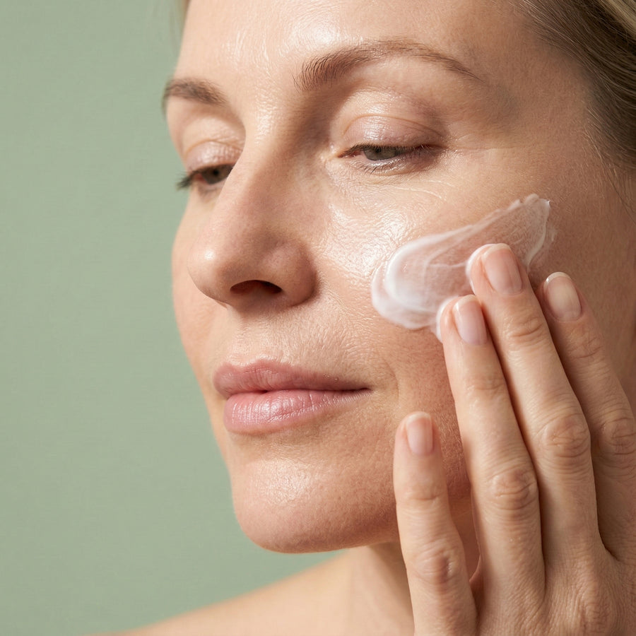 Woman applying cream to her face against a green background