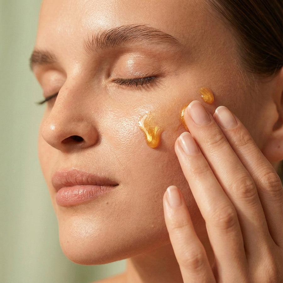 Woman applying a yellow skincare product to her face with a blurred green background