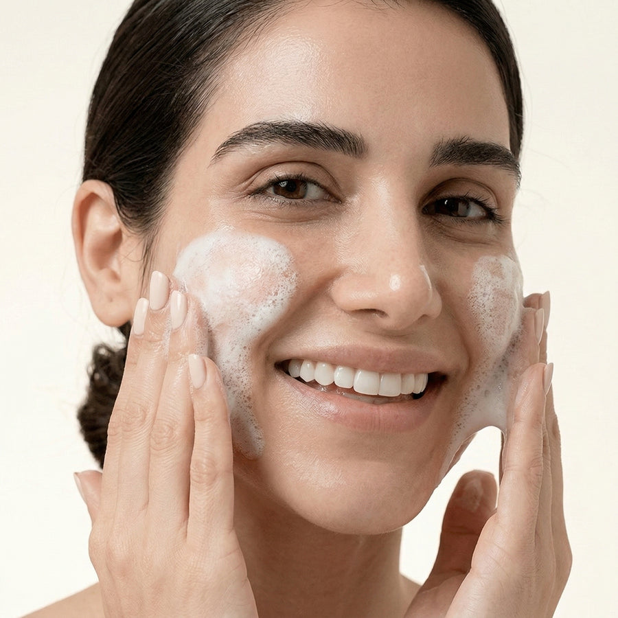 Woman applying a white cream to her face with a neutral background