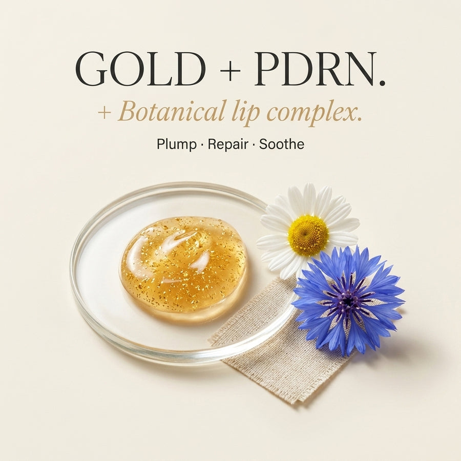 Gold + PDRN botanical lip complex with flowers on a beige background