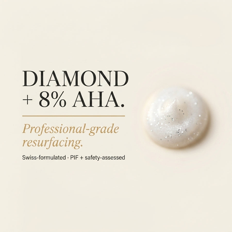 Product with diamond and 8% AHA text on a beige background