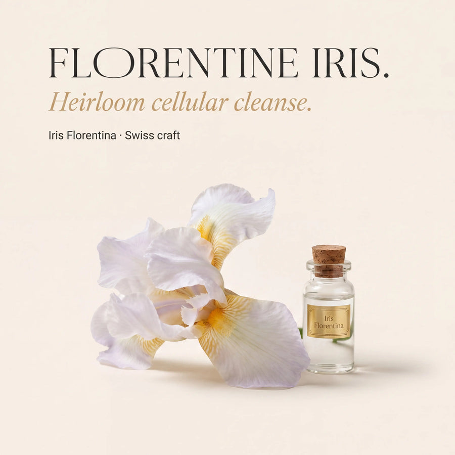 Iris Florentina perfume bottle with a white flower on a beige background