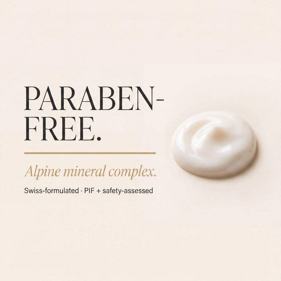 Paraben-free skincare product with Alpine mineral complex on a beige background