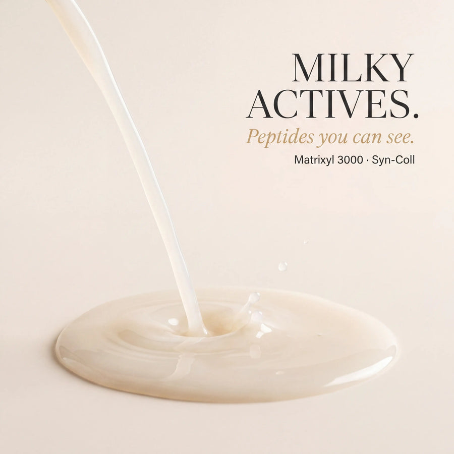 Milky liquid being poured with 'Milky Actives' text on a beige background