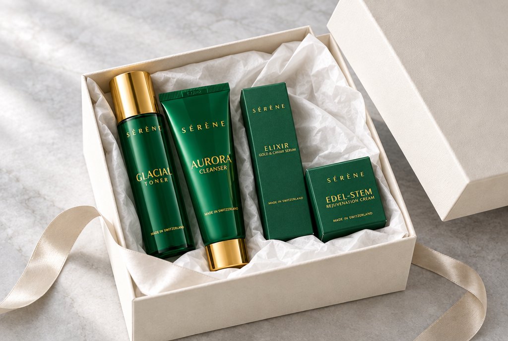 SÉRÈNE products and their emerald cartons presented in an open gift box with tissue and ribbon
