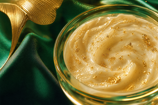 Micro-fine gold flakes in ivory skincare cream on emerald silk