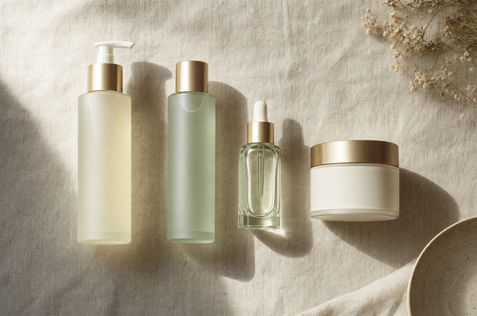 Four-step skincare ritual laid out in order on natural linen, overhead view