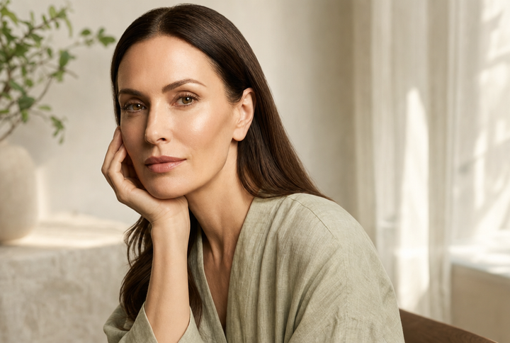 Woman in her 50s with fair, calm, even-toned skin resting her cheek on her hand in soft daylight