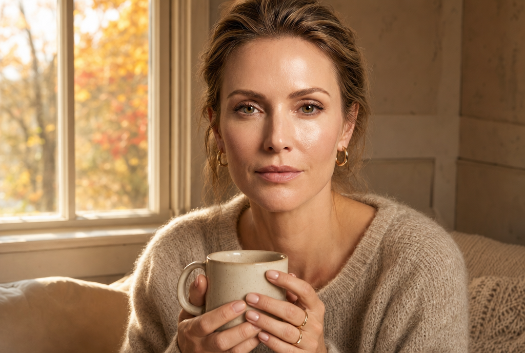 Woman in her 50s in a cozy sweater by a window with fall leaves outside, skin soft and hydrated