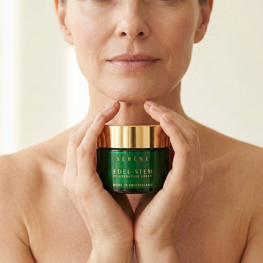 Person holding a green skincare jar labeled 'Sérèné Edel-Stem' against a neutral background
