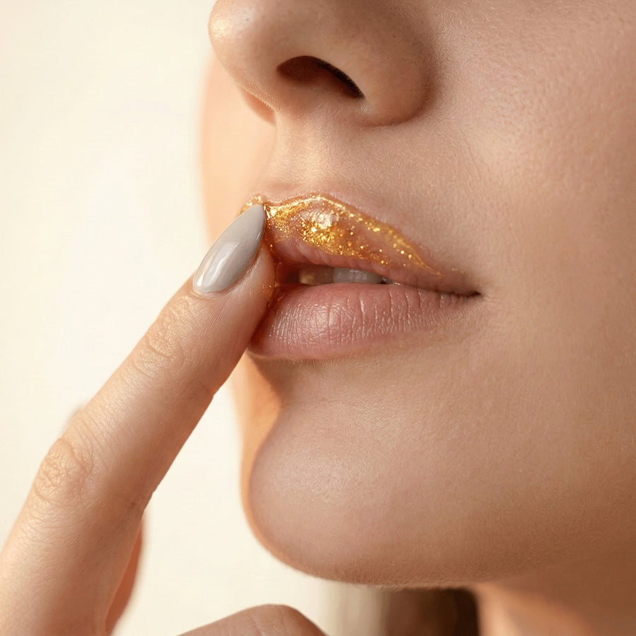 Close-up of a woman's lips with glittery lip gloss and a finger touching the lips.