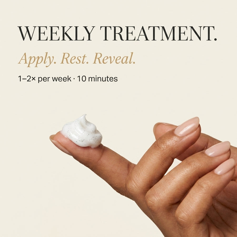 Hand applying a small amount of cream with text about a weekly treatment on a beige background