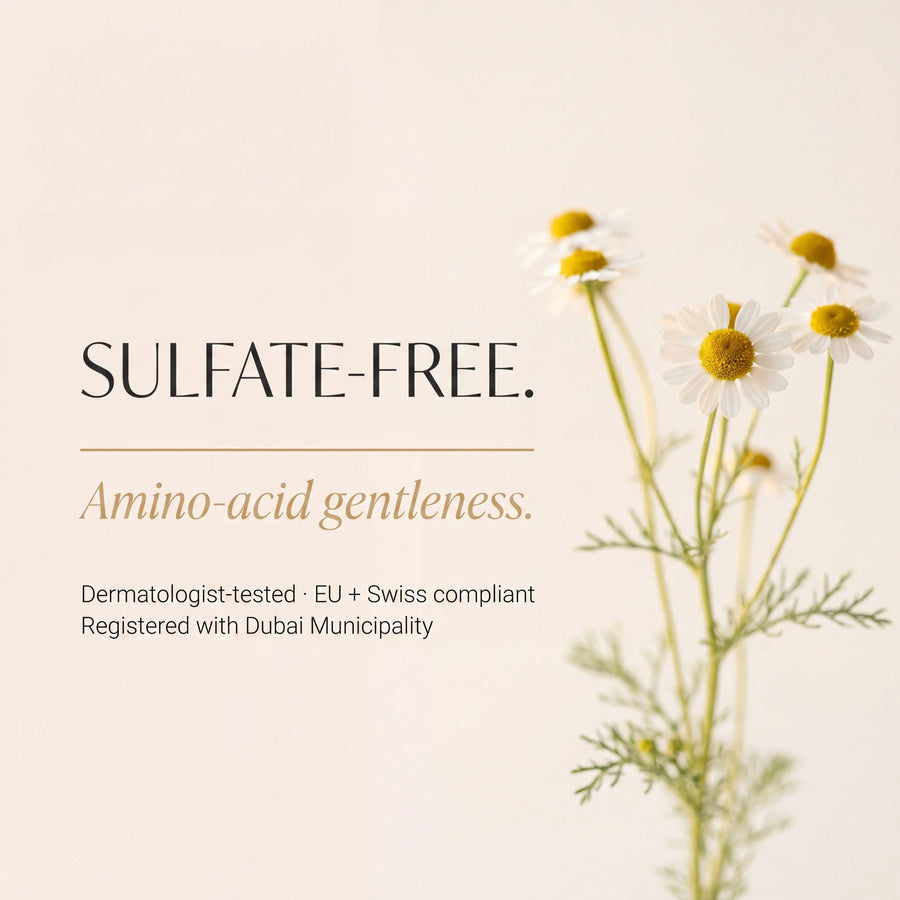 Sulfate-free product advertisement with flowers on a light background