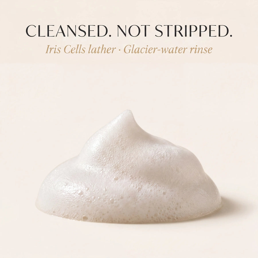 White lather on a beige background with text 'CLEANSED. NOT STRIPPED.'