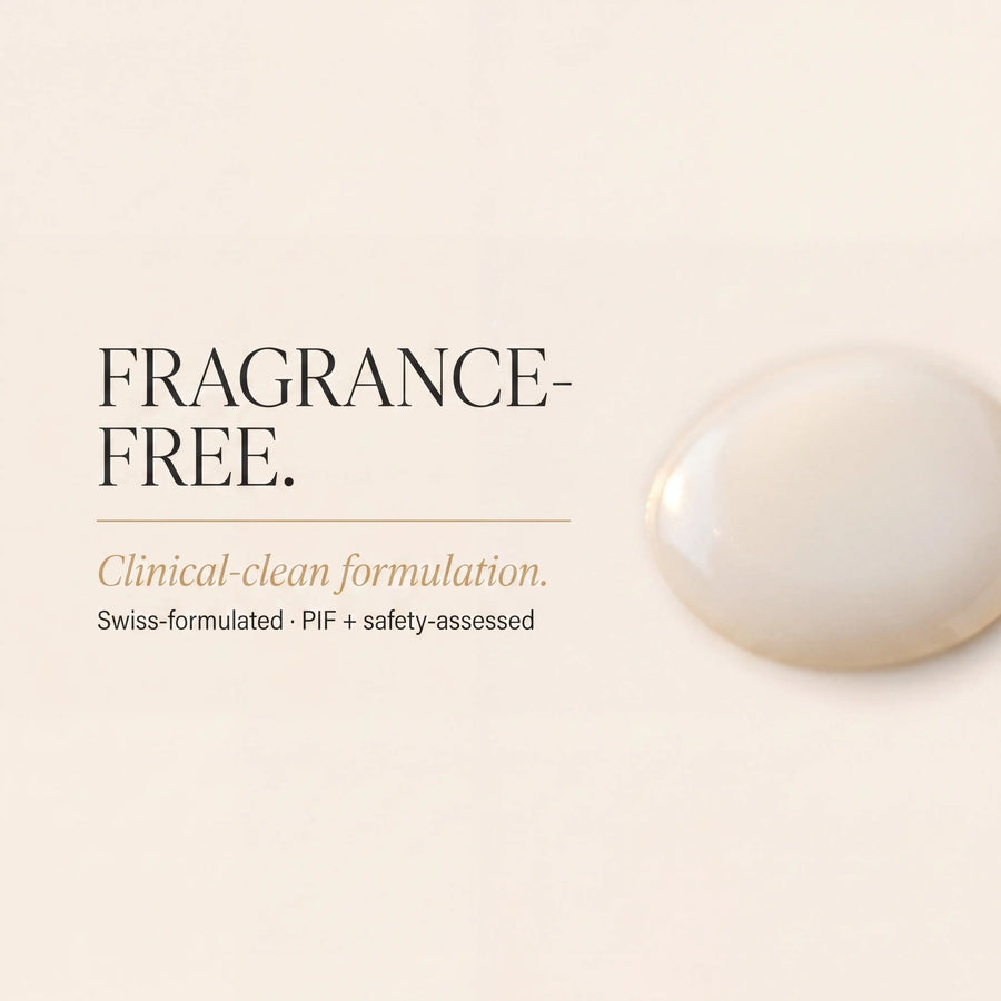 Fragrance-free product droplet with text on a light beige background
